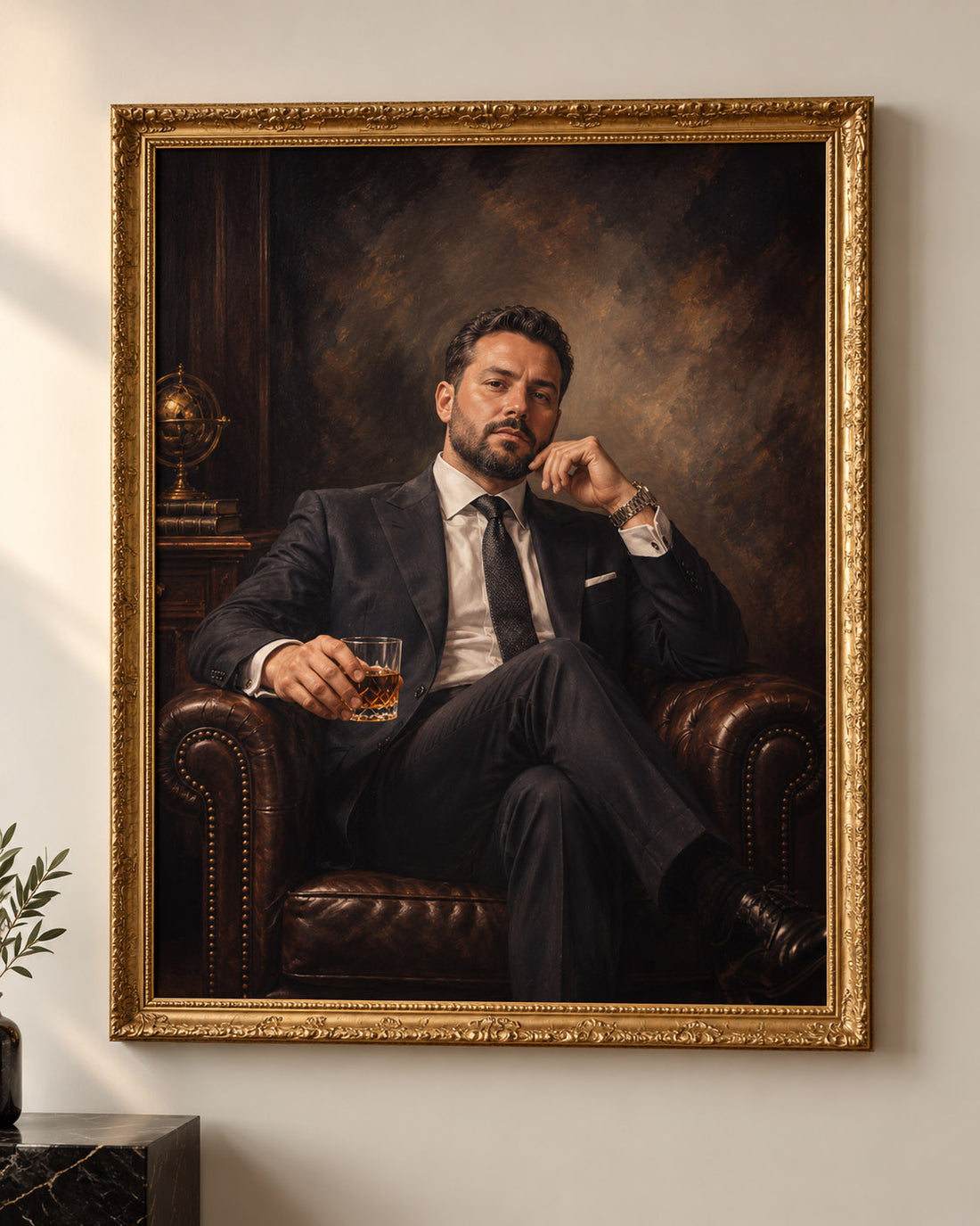 Panoramë e personalizuar Boss Style me portret mashkulli në stil elegant dhe kornizë klasike gold.