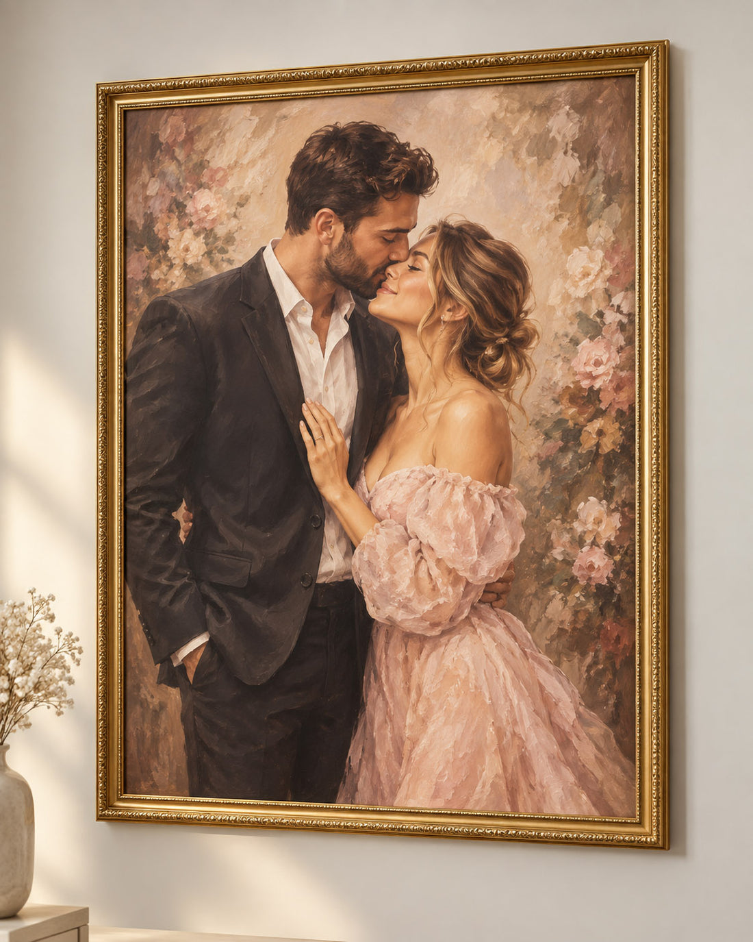 Panoramë e personalizuar për çift ose familje me portret artistik dhe kornizë elegante klasike.